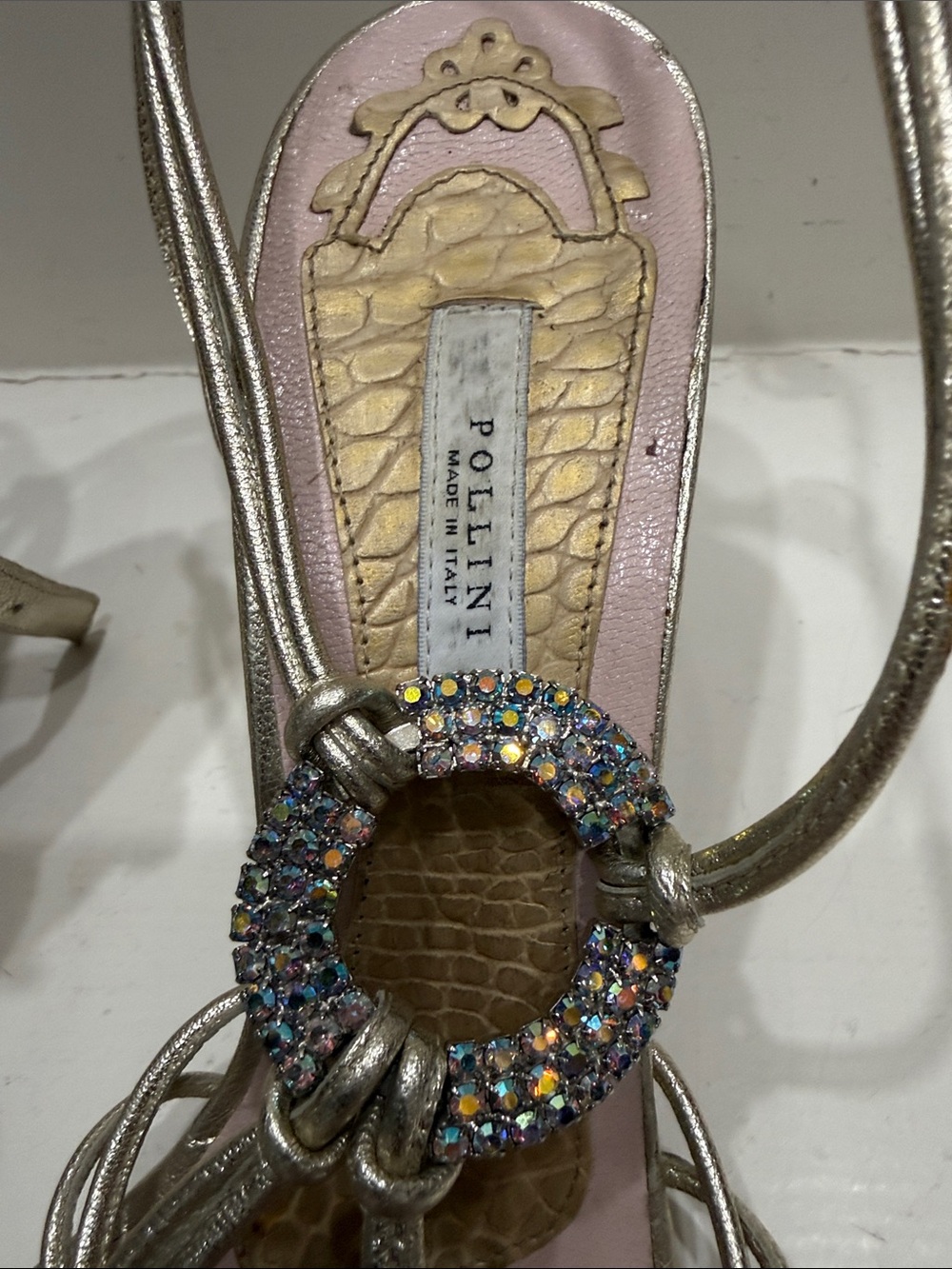 Pollini Women’s Metallic champagne Strappy Heeled Sandals with Crystal Ring - Picture 3 of 6